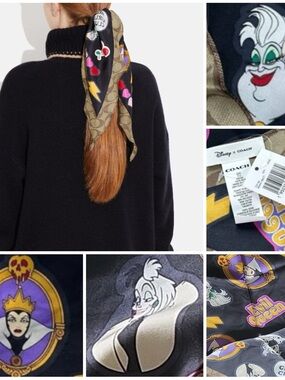 COACH X Disney Coach Signature Villains Print Silk Diamond Scarf, BNWT Unworn